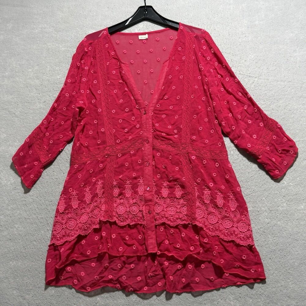 Kyla Seo Blouse Women's Size Small Pink Floral Tunic Embroidered Boho
